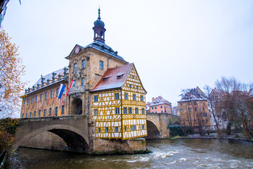 Old town hall in Bamberg while it snows, Germany