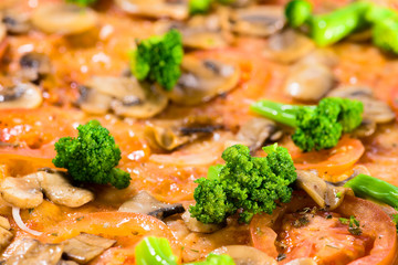 Juicy beautiful food background with brocolli, bacon and mushrooms