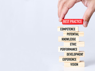 Businessman Building BEST PRACTICE Concept with Wooden Blocks