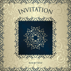 Vintage invitation with ornate elegant retro abstract floral design. Silver background with blue frame. Vector illustration