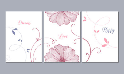 Set of 3 canvases for wall decoration in the living room, office, bedroom, kitchen, office. Home decor of the walls. Floral background with flowers of dahlias. Element for design. 