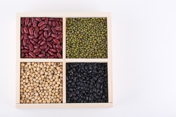 Assortment of beans on white background. Mung beans, Soybeans, Red kidney beans, Black Bean