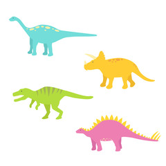 Blue Apatosaurus, Orange Triceratops, Green Tyrannosaurus and Pink Stegosaurus. Dinosaurs icon. Vector illustration. Isolated on white background