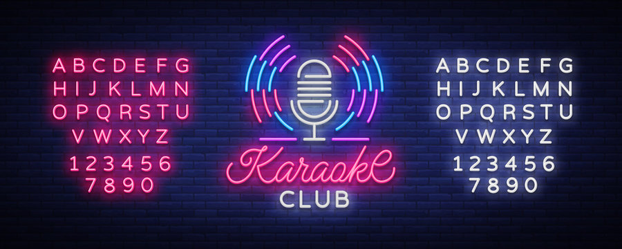 Karaoke Club Logo in Neon Style. Neon sign, bright nightly neon advertising Karaoke. Light banner, bright night billboard. Vector illustration. Editing text neon sign