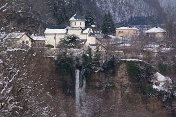 Fototapeta na wymiar monastery in the mountains winter Europe Montenegro