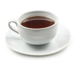One cup of black tea with a saucer isolated on white background breakfast time.