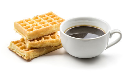 Obraz na płótnie Canvas Three traditional waffle (Belgian) with a cup of coffee without milk isolated on white background sweet delicate and airy delicious breakfast.