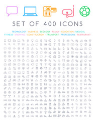 400 Universal Thin Line Black Icons on White Background ( Business , Multimedia, Education, Ecology, Medical, Fitness, Family, Construction, Transport, Professions, Travel, Restaurant, Hotel )