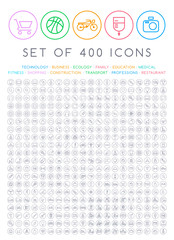400 Universal Thin Line Black Icons on Circular Buttons ( Business , Multimedia, Education, Ecology, Medical, Fitness, Family, Construction, Transport, Professions, Travel, Restaurant, Hotel )