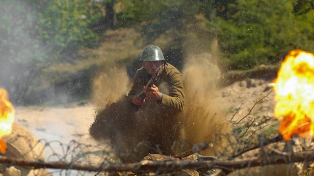 Soldier on the battlefield, slow motion