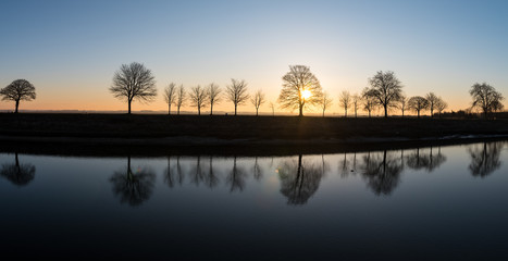 Morning sunrise Backlight behind winter trees by the shore 