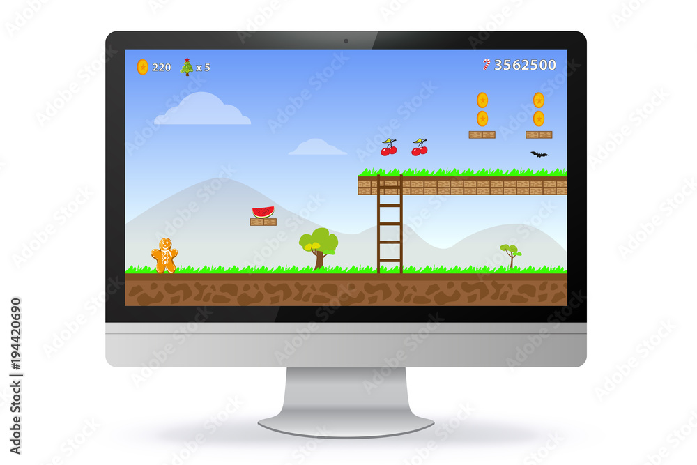 Poster computer monitor with game screen vector illustration
