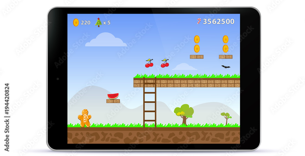Poster tablet computer with game screen vector illustration