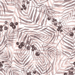 Seamless watercolor background from sepia, brown tropical leaves, palm leaf brown berry, floral pattern. Bright Rapport for Paper, Textile, Wallpaper, design. Tropical leaves watercolor. 