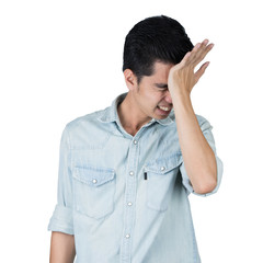 Portrait Handsome young asian man wearing a blue jean shirt stress isolated on white background. Businessman concept. Asia people.