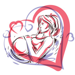 Pregnant woman graceful body outline surrounded by heart shape frame. Vector illustration of mother-to-be fondles her belly. Happiness and caress concept.