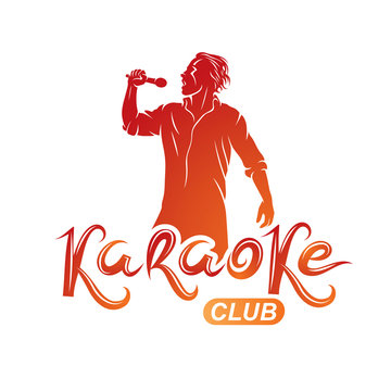 Man sings karaoke, karaoke club emcee show advertising vector emblem composed with microphone audio equipment and musical notes.