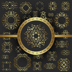 Set of ornate vector elements. Luxury design. Black background. Can be used as a card or invitation. Can be used for decoupage