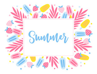 Summer greeting card with ice cream, strawberry, palm leaves, confetti