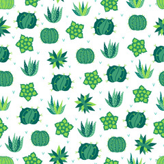Vector seamless pattern with different succulents and cactuses