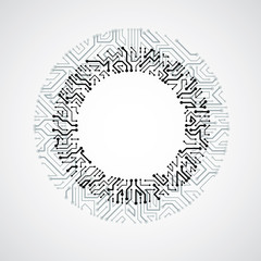 Vector abstract computer circuit board illustration, monochrome round technology element with connections. Electronics theme web design.