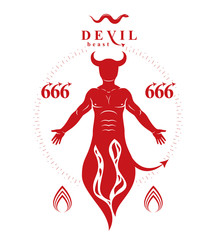Vector graphic illustration of muscular human derives from fire. Mystic infernal demon, horned Lucifer, evil forces.
