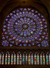 stained glass window in Notre dame cathedral, Paris