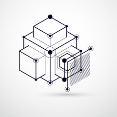 Abstract modern retro black and white 3D background, geometric futuristic shapes vector illustration. Abstract scheme of engine or engineering mechanism.