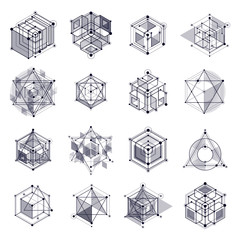 Vector drawings set of black and white industrial system created with lines and 3D cubes. Modern geometric composition can be used as template and layout.