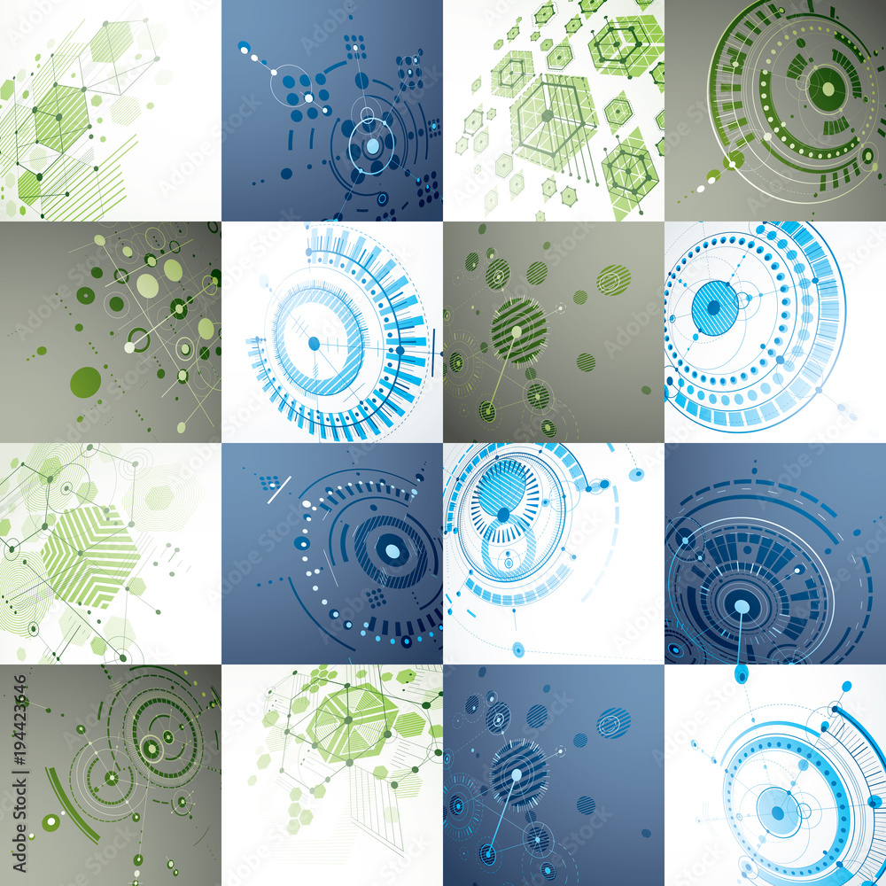 Poster set of modular bauhaus 3d vector backdrops, created from geometric figures like hexagons, circles an