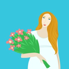 Pregnant girl with with bouquet of flowers. Spring cartoon illustration for women's day holiday.