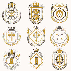 Vector classy heraldic Coat of Arms. Collection of blazons stylized in vintage design and created with graphic elements, royal crowns and flags, stars, towers, armory, religious crosses.