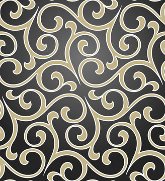 Wallpaper in the style of Baroque. A seamless vector background. Black and gold floral ornament. Graphic vector pattern