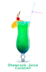 Fresh cold green Shamrock Juice cocktail in Hurricane glass with orange and straw on light background
