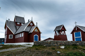 Church in Greenland. Wooden building in nature