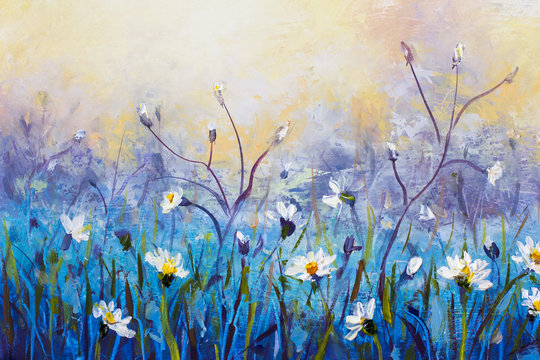 Wildflowers - Original oil painting of flowers,beautiful field flowers on canvas. Modern Impressionism.Impasto artwork. art