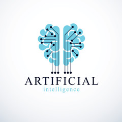 Artificial intelligence concept vector logo design. Human anatomical brain with electronics technology elements icon. Smart software, futuristic idea of intelligent machines and computer programs.