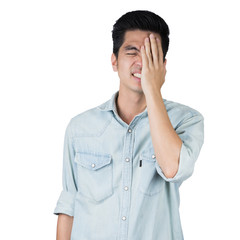 Portrait Handsome young asian man wearing a blue jean shirt stress isolated on white background. Businessman concept. Asia people.