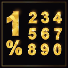 Numbers gold set in luxury style.0-9.Numbers.0-9 Number.0,1,2,3,4,5,6,7,8,9,%.Vector Low polygonal numbers.Modern polygonal crystal style. Vector gold number design.