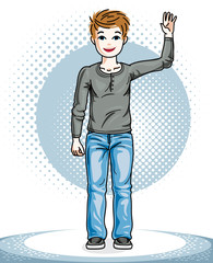 Pretty child boy standing in stylish casual clothes. Vector character. Childhood lifestyle clip art.