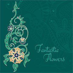 Vector element for ornament. Beautiful fantastic flower with leaves, tendrils and berries. Delicate seamless background. Motives of vintage Indian fabrics. 