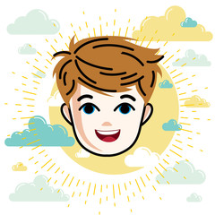 Boy face, vector human head illustration, portrait. Red-haired teenager expressing positive emotions.