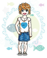 Little redhead girl cute child toddler in casual clothes standing on marine backdrop with ocean and fishes. Vector pretty nice human illustration.