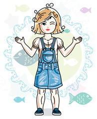Little blonde girl cute child toddler in casual clothes standing on marine backdrop with ocean and fishes. Vector pretty human illustration.