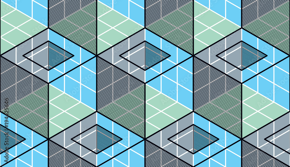 Poster geometric cubes abstract seamless pattern, 3d vector background. technology style engineering line d