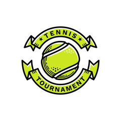 Tennis tournament emblem, illustration, logotype, modern line style, green color, on a white background. The tennis ball is framed from above and from below by two green ribbons.