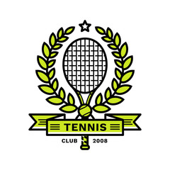 Tennis emblem, illustration, logotype, modern line style, green color, on a white background. A tennis racket framed by a laurel wreath with a star on top and a tennis ball and a ribbon at the bottom.