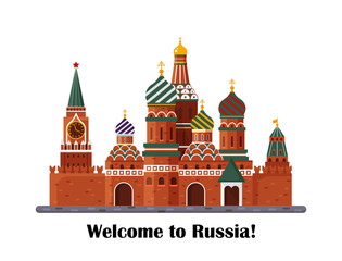 Welcome to Russia. St. Basil s Cathedral on Red square. Kremlin palace isolated on white background - vector stock flat illustration. Landscape design - obrazy, fototapety, plakaty