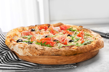 Tasty pizza on table. Fresh from oven