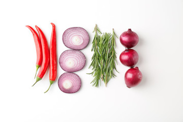 Beautiful composition with red onion on white background